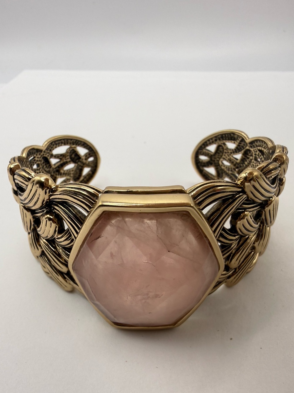 Barse Rose Quartz Gold Tone Statement Cuff Bracelet